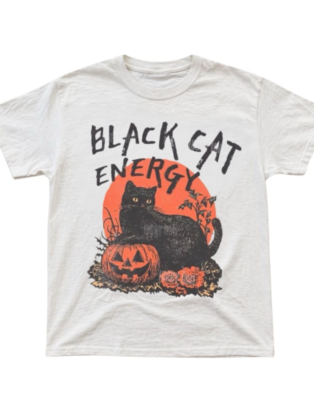 White Tee with Black Cat and Orange Pumpkin Graphic